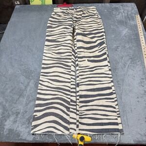 RE/DONE Jeans Women's 25 Y2K Zebra Animal Print Raw‎ Hem Tan Denim Wide Leg